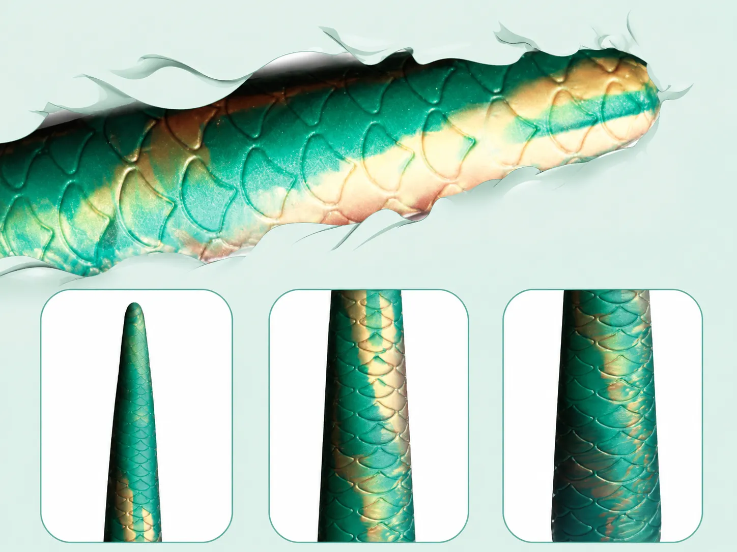 Close view of overlapping dragon scale texture on a long tail dildo, shown creating gentle friction