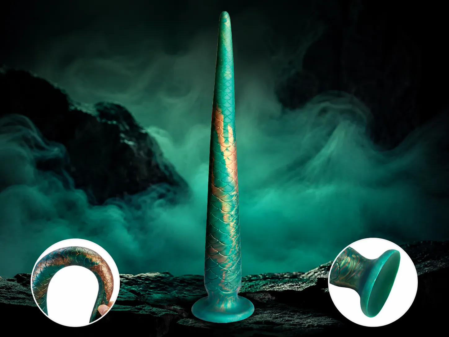 Long slim silicone tail dildo standing upright, with an inset showing it curled into a full loop