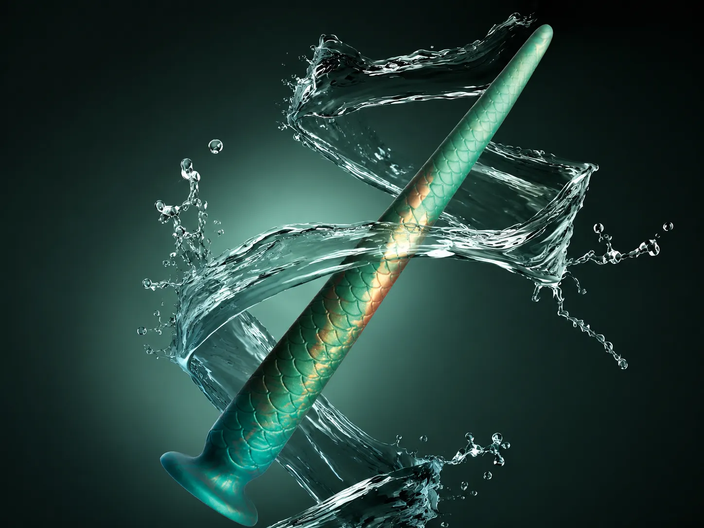 Fully waterproof long tail dildo surrounded by splashing water, ready for shower and bath use