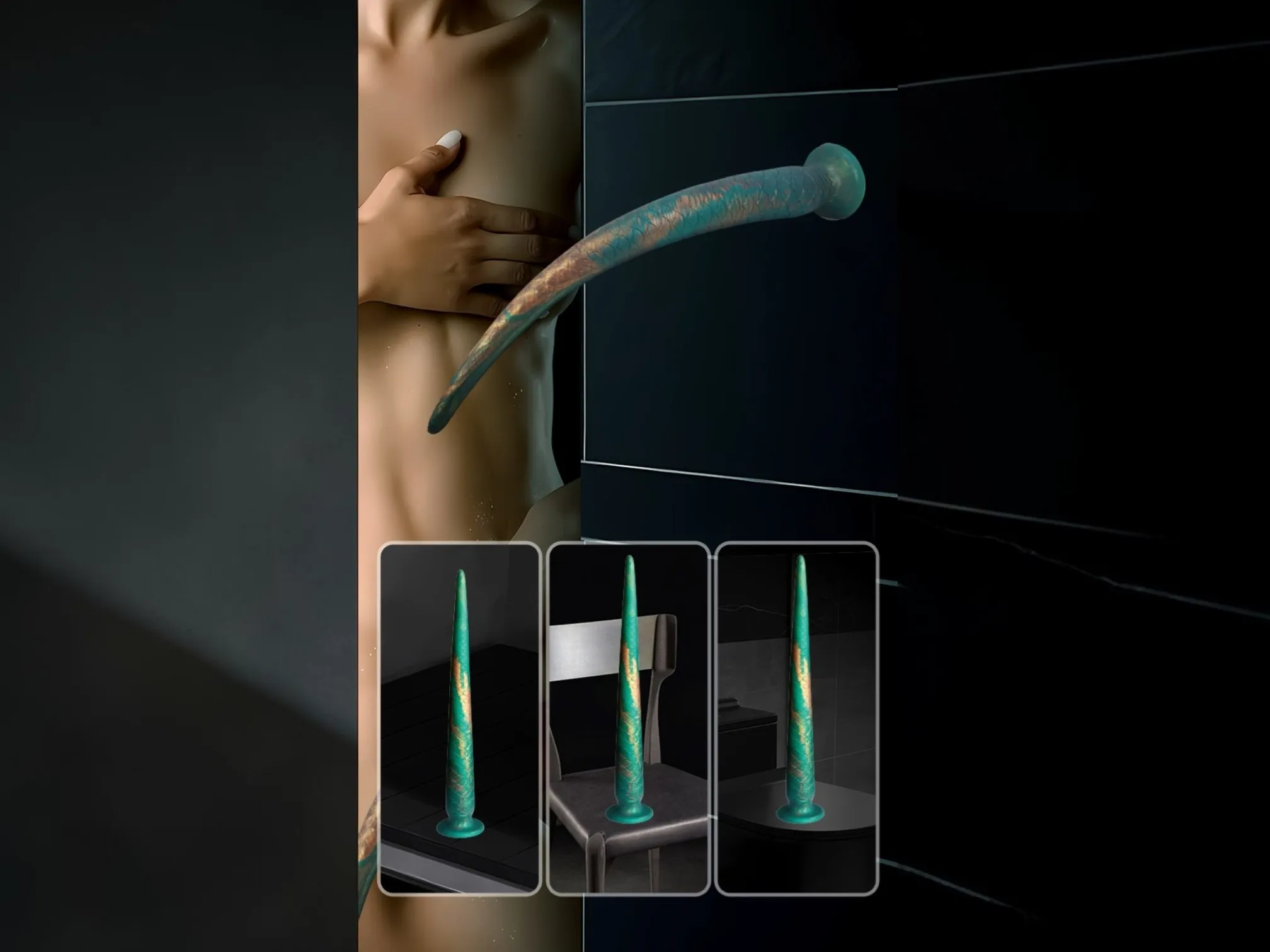 Long tail dildo mounted by its suction cup base on a wall and other smooth surfaces for hands-free use