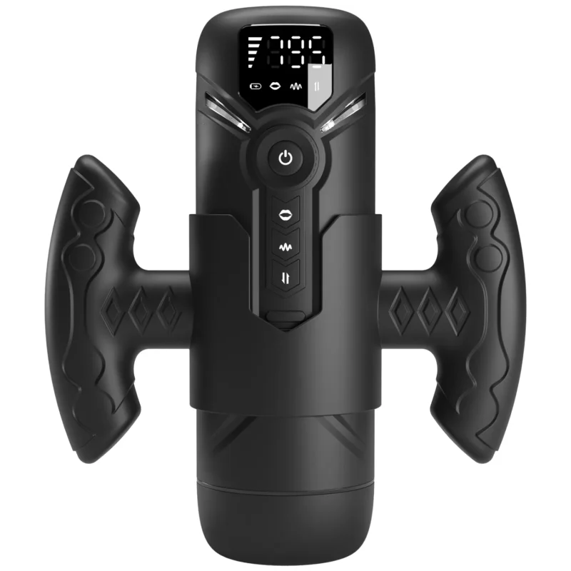 Front view of automatic masturbator with grip handle and LED display