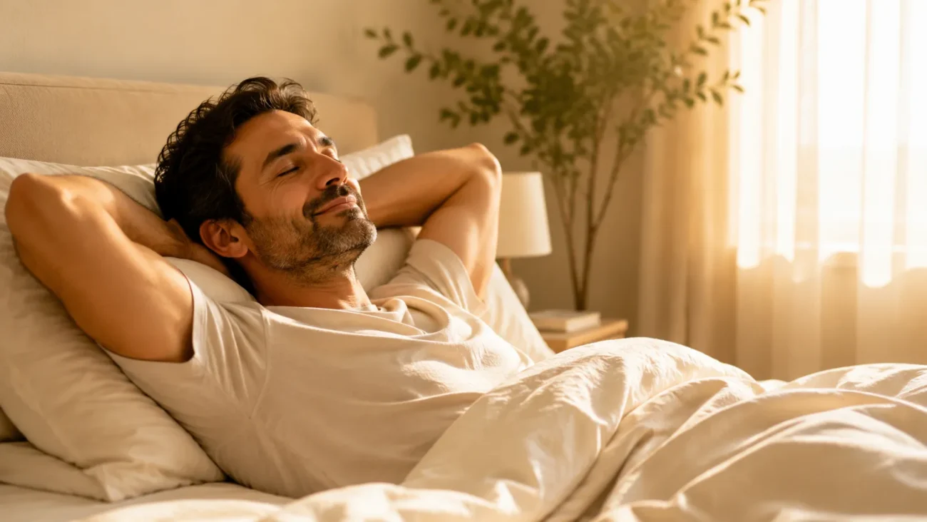 Man relaxing in soft morning light, representing mindful male sexual wellness