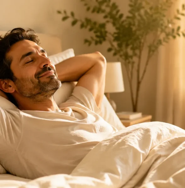 Man relaxing in soft morning light, representing mindful male sexual wellness
