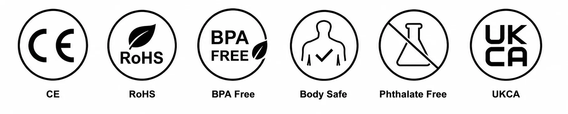 CE, UKCA, RoHS, BPA-free, body-safe and phthalate-free certification icons