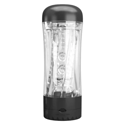 Front view of a clear masturbator cup with its black cap on and textured control base