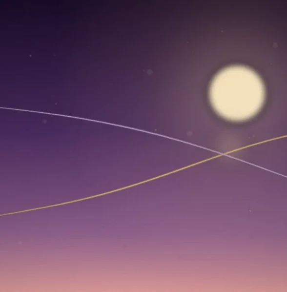 Abstract artwork of two ribbons of light meeting under a golden glow, symbolizing the blended orgasm and intimacy across distance